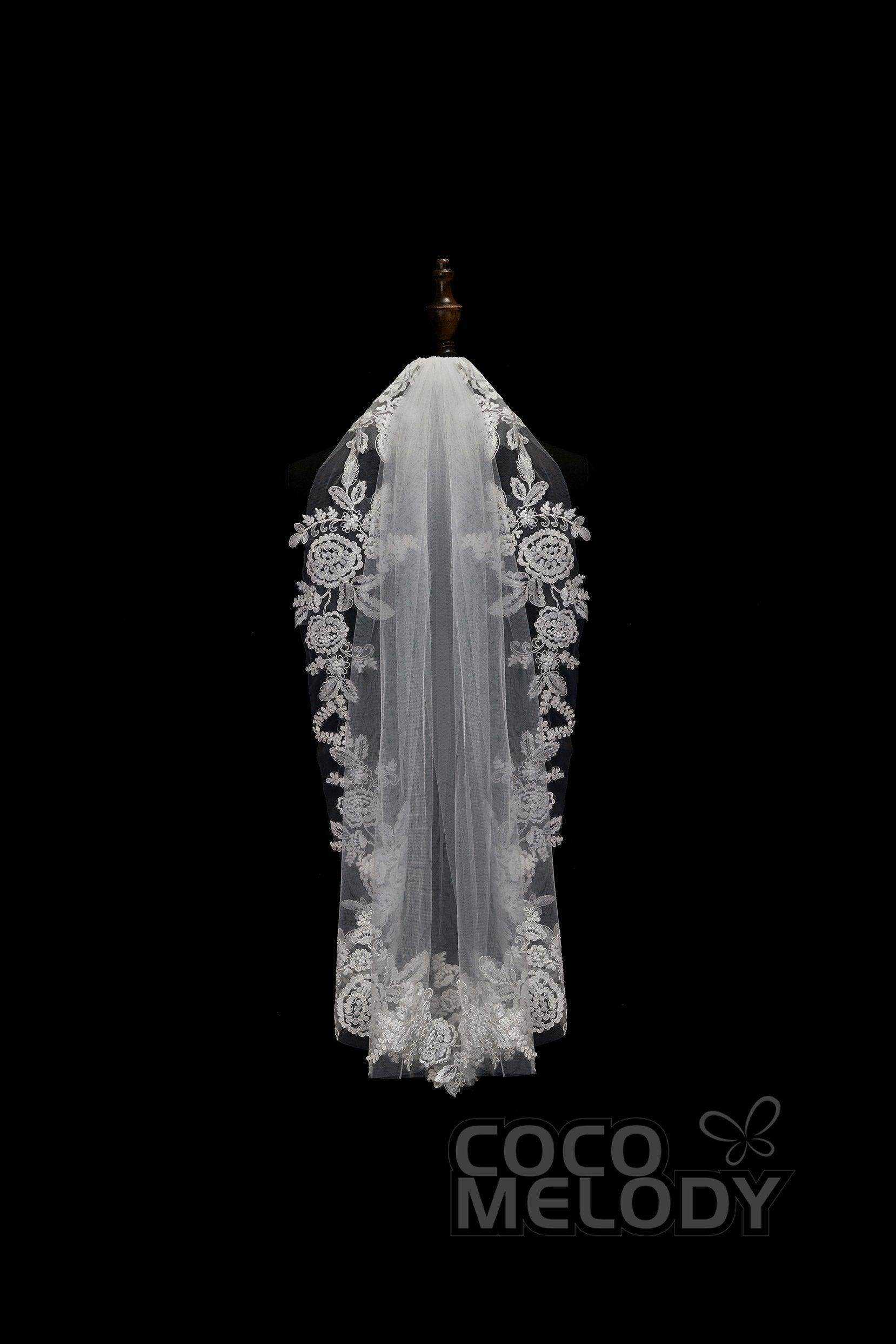 One-tier Lace Edge Tulle Hip Veils with Appliques AV180001 - COCOMELODY